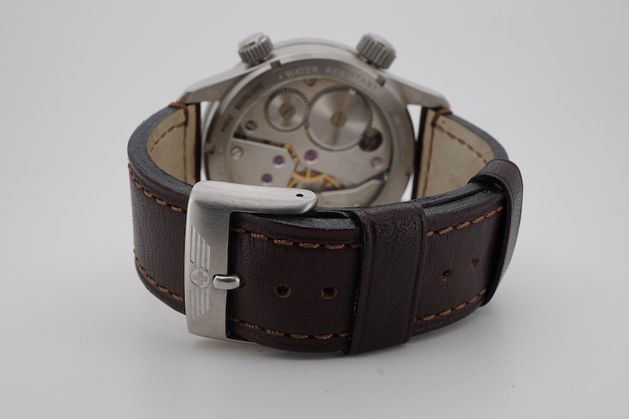 A gentleman's recent stainless steel Victorinox Swiss Army stainless steel manual wind wrist watch with black Arabic dial and subsidiary seconds, case diameter 45mm, on a brown leather strap, no box or papers.